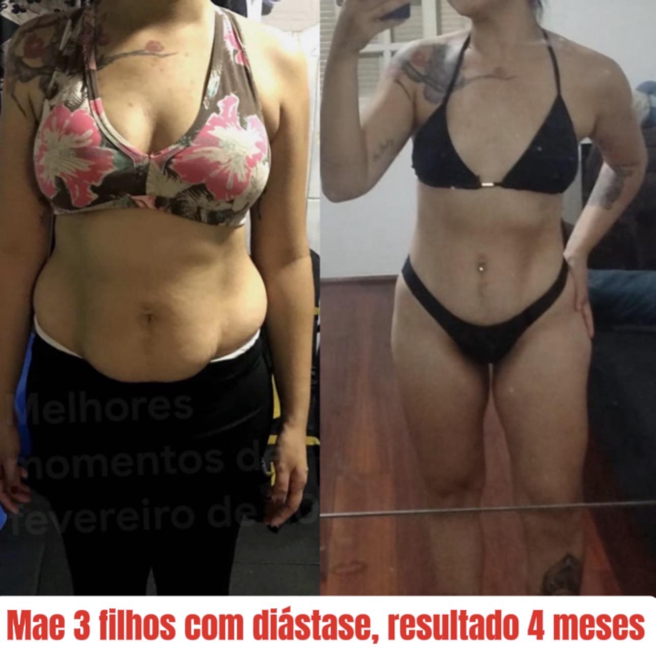 Antes e depois de uma aluna do acompanhamento, resultado em quatro meses